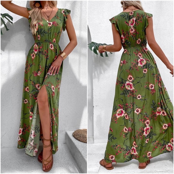 Boho Floral Print Butterly Sleeve Maxi Dress Cottagecore - Picture 7 of 9